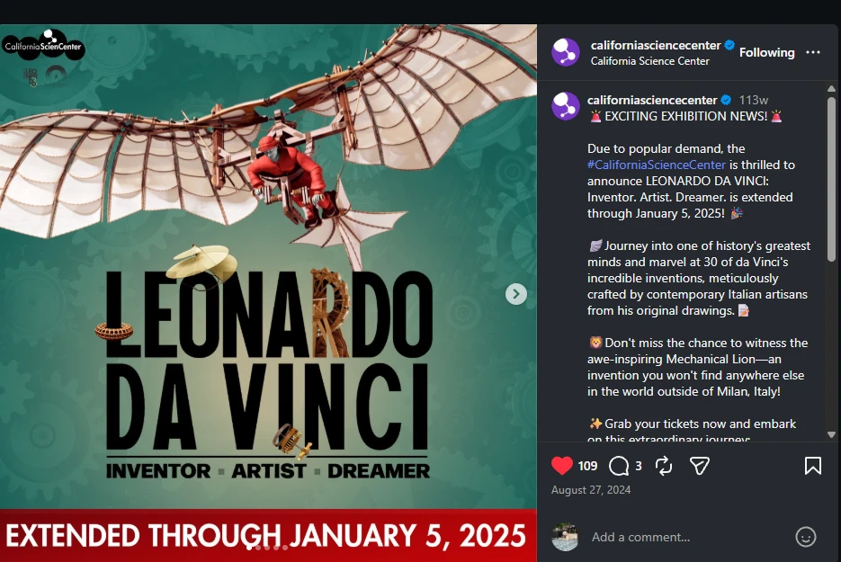 California Science Center Instagram ad announcing Leonardo da Vinci extended through January 5, 2025