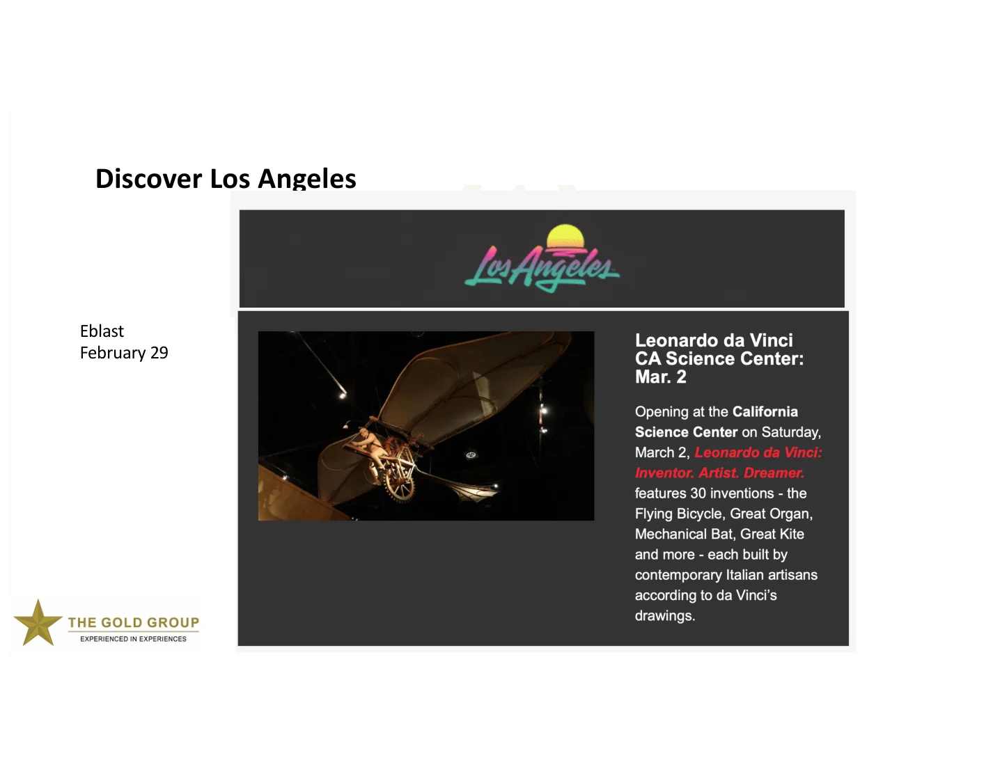 Discover Los Angeles email placement promoting the Leonardo da Vinci exhibition