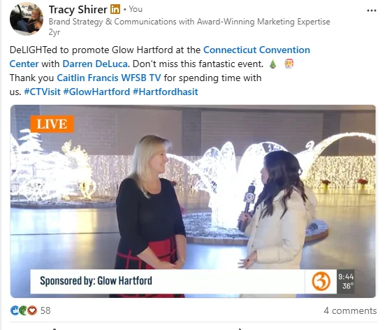 Tracy Shirer being interviewed on camera by WFSB reporter Caitlin Francis at GLOW Hartford