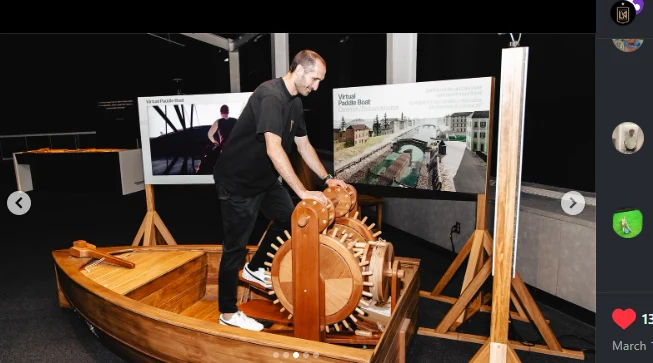 Giorgio Chiellini exploring a Leonardo da Vinci paddle boat exhibit