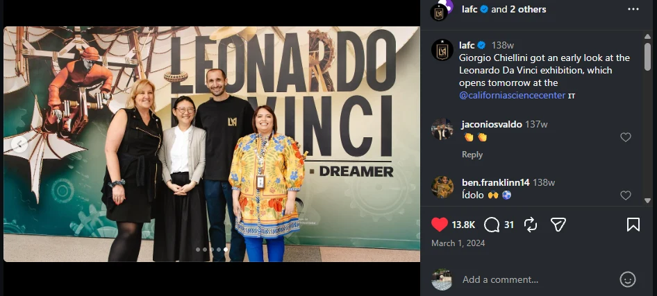 Tracy Shirer with Giorgio Chiellini and the exhibition team in LAFC’s Instagram post
