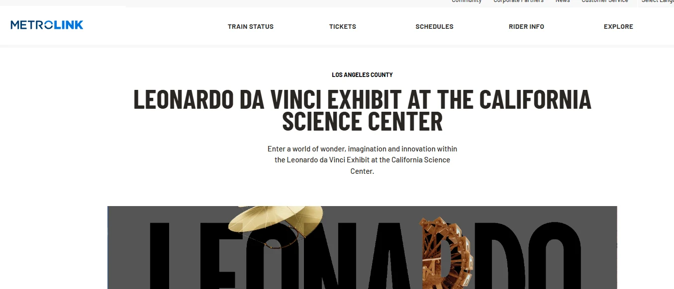 Metrolink website promoting the Leonardo da Vinci exhibition at the California Science Center