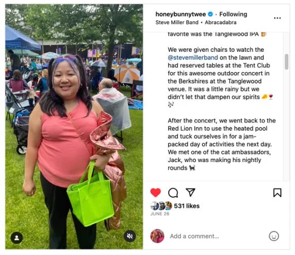 2023 Tastemakers at Tanglewood Instagram post showing a creator on the concert lawn